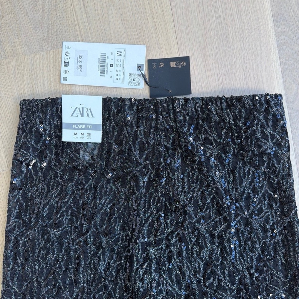 ZARA Black Sequin Lace Flare Pants M NWT Sheer Party Festival - Picture 5 of 8
